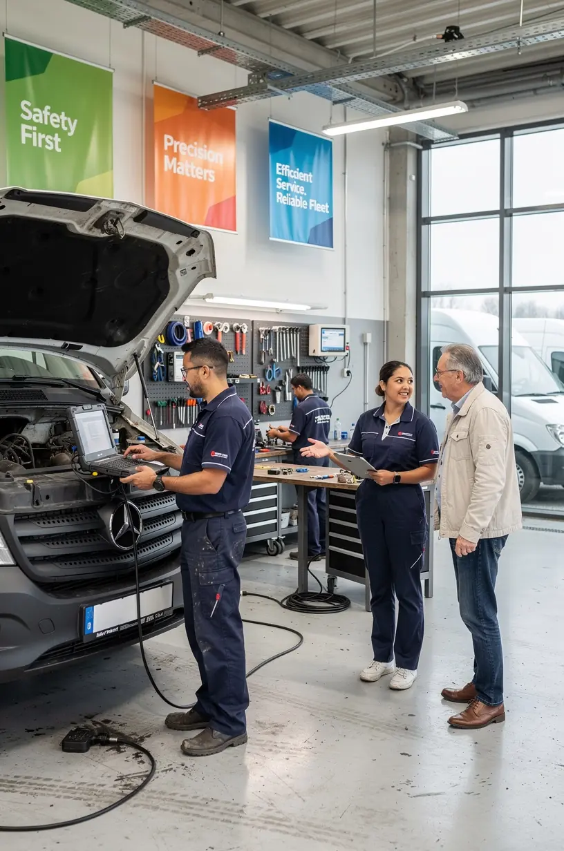 Techniker überprüft den Motor eines Nutzfahrzeugs in einem deutschen Flottenservicezentrum.