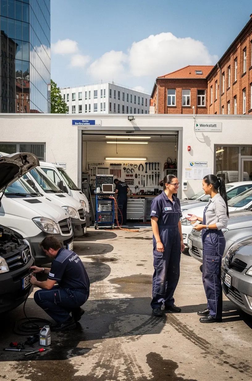 Blick auf ein Servicezentrum mit mehreren gewerblichen Fahrzeugen in einer deutschen Industrieregion.